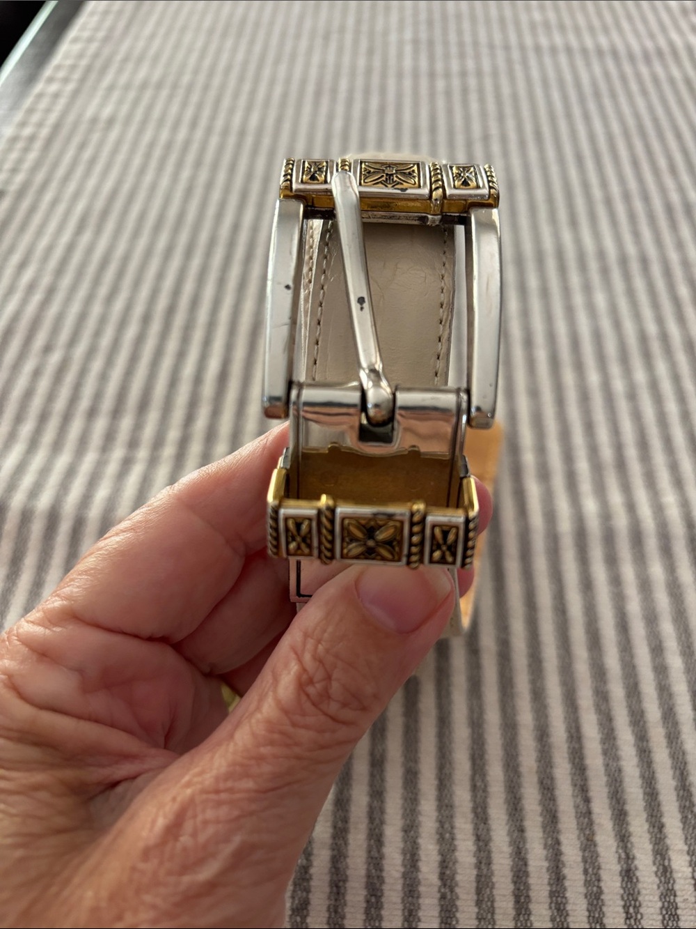 Brighton Two-Tone Decorative Men's Belt - Beige with Gold & Silver Accents